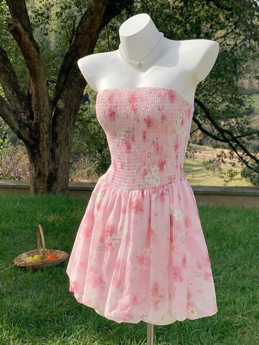 Comfortcana Women's Floral Print Strapless Backless Mini Dress, Vacation Style - Baby Pink - View 1