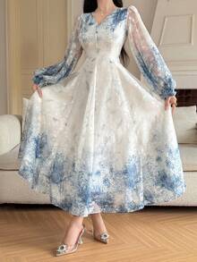 DAZY Đầm maxi nữ thanh lịch tay bồng hoa cổ chữ V dài ngang gối, thích hợp cho mùa xuân/hè. - Màu xanh lam - Xem 6