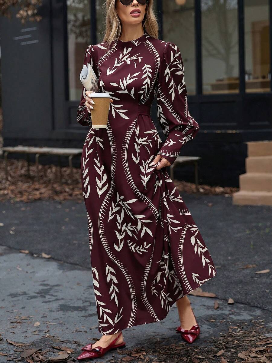 Aveloria Modichic Đầm phong cách Bohemian cổ đứng, eo thắt, họa tiết ngẫu nhiên, thích hợp mặc đi nghỉ mát mùa thu cho nữ. - Nhiều màu - Xem 1