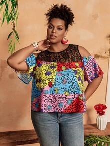 BrightlyHer Damen Große Größen Lässig Spitze Patchwork Blume Muster Schulterfreies Top - Verschiedenfarbig - Übersicht 6