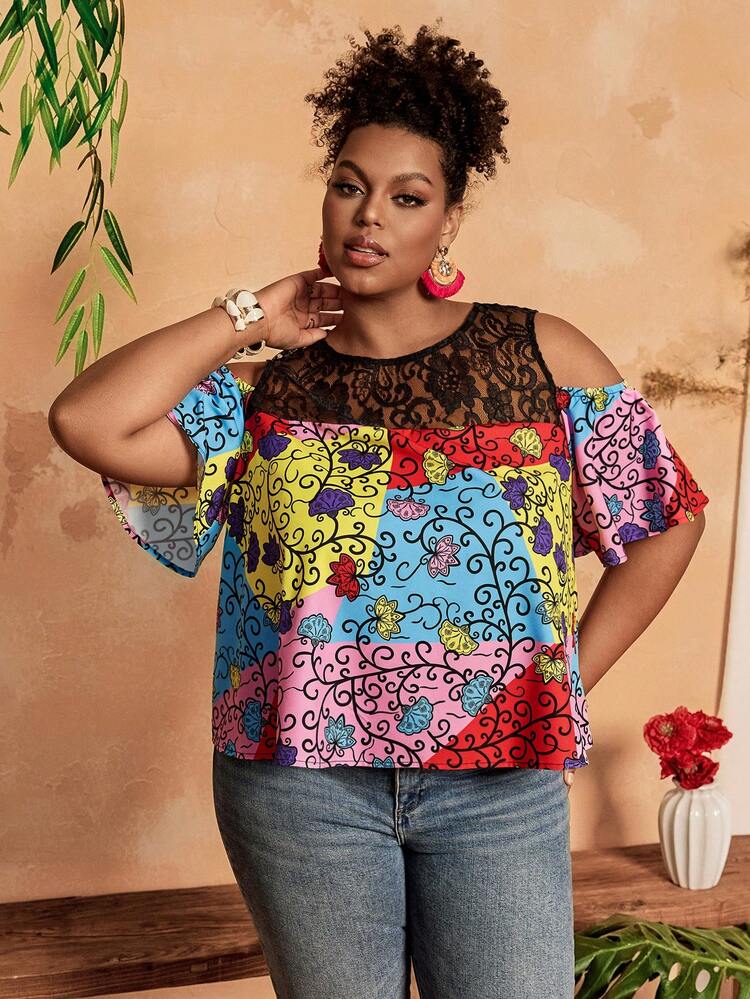 Plus Size Women Casual Lace Patchwork Floral Print Cold Shoulder Top