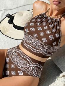 Swim Chiccia Women's Summer Beach Floral Print Halter Tie Tankini Swimwear Set - Multicolor - View 2