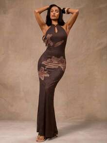 Opulessa Vacation Knit Mesh Printed Off-Shoulder Fitted Dress For Women, Spring/Summer - Brown - View 7