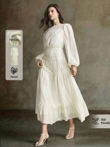 Ontre 女士优雅纯色灯笼袖连衣裙，适合通勤 - 黃色 - 查看 2