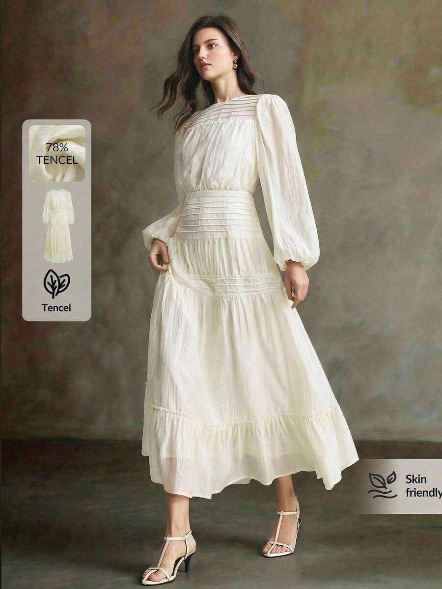 Ontre 女士优雅纯色灯笼袖连衣裙，适合通勤