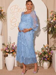 Loomaby Elegante vestido de maternidad de malla bordada con flores para fiesta - Celeste - Ver 1