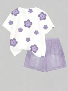 Vintage Cute Floral Pattern, Tween Girl Casual Minimalist Short Sleeve Round Neck T-Shirt And Shorts 2-Piece Set, Suitable For Spring/Summer Daily Wear, Home, School, Spring & Summer Outfits For Outing, Sets For Girls, Stylish Kids, Casual Wear, Kids Floral Graphic Clothes, Spring & Summer Fashion, Spring & Summer Clothes - Multicolor - View 2