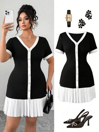 Elenzga Plus Size Women's Spring V-Neck Patchwork Woven Fabric Short Sleeve Ruched Ruffle Hem Fitted Casual Elegant Mini Dress, Versatile For Daily, Work, Black And White Outing Office Dress Plus Size Pleated Dress Plus Size Plus Size Black And White Dress Plus Size Women Clothes Plus Size Church Clothes Plus Size Work Dress