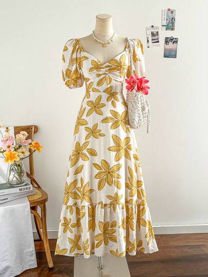Soleia Vestido maxi de estilo vacacional con estampado floral colorido, mangas abultadas, volantes en el bajo, romántico para boda/graduación/fiesta de vuelta al colegio, lindo y casual, estilo vintage de verano con estampado tropical naranja