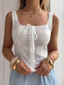 CovetEZ Women's Vacation Embroidered Tie Front Sleeveless Blouse - White - View 4