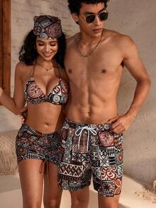 Manfinity Swimmode 男士几何图案抽绳腰带沙滩短裤 - 咖啡棕 - 查看 3