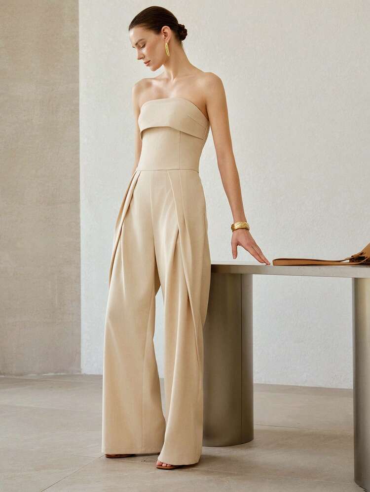 STRAPLESS WRINKLE DECOR LINEN FABRIC SLIM FIT CASUAL JUMPSUIT FOR HOLIDAY
