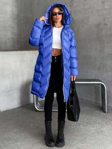 EURMUSE Women Solid Color Zipper And Pocket Detailed Long Winter Coats - Blue - View 6