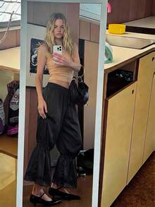 Aloruh 女士春夏新款优雅浪漫时尚奢华缎面蕾丝灯笼裤，适合度假、约会、外出穿着 - 黑色 - 查看 2