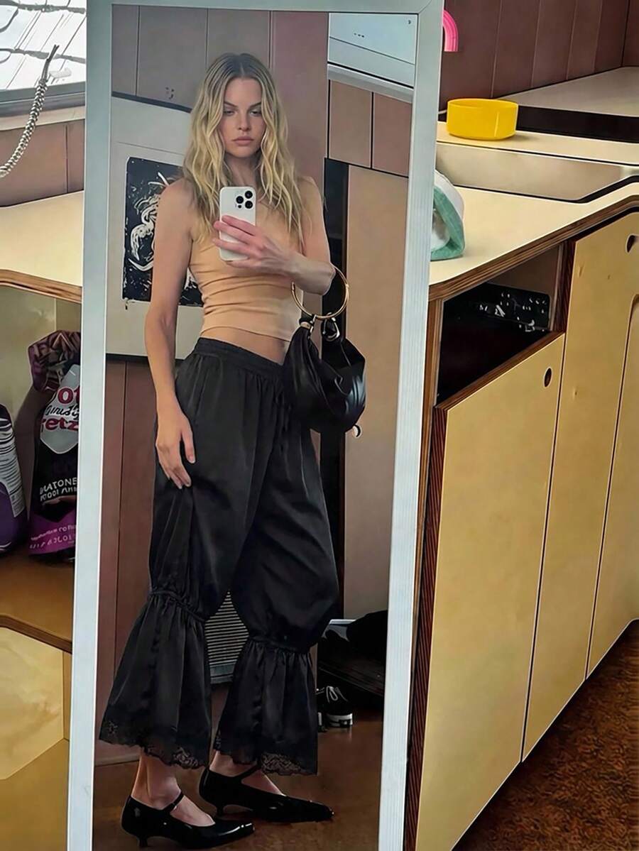 Aloruh 女士春夏新款优雅浪漫时尚奢华缎面蕾丝灯笼裤，适合度假、约会、外出穿着