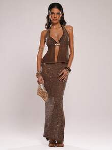 SHEIN BAE Women's Sequin Casual Versatile Date Night Knit Skirt,Spring/Summer New Arrival: A Brown Sequined Embroidered Shimmering Midi Skirt. Perfect For Beach Vacations, Beach Trips, Beach Parties, Dates, Nightclubs, Picnics, Parties, Music Festivals, Brunch, And Other Occasions. - Coffee Brown - View 7