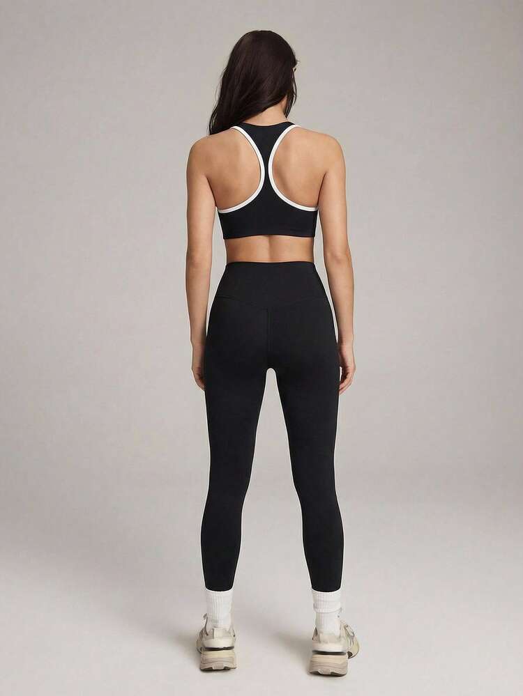 Women's Contrast Color Patchwork Seamless Leggings, High Waist Lifting Yoga Pants For Running & Fitness