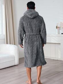 1PC Autumn/Winter Multicolor Long Plush Cable Knit Hooded Bathrobe, Elegant & Charming Fashion Men's Casual Loungewear & Couples Robe - Dark Grey - View 3