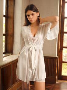 Crystal Vow Lace Panel Flounce Sleeve Belted Mesh Robe & Cami Dress Pajama Set Without Lingerie White Set Bridallingerie - White - View 7