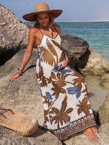 SHEIN Swim Vcay 孕妇沙滩度假植物印花无袖罩衫 - 彩色 - 查看 7