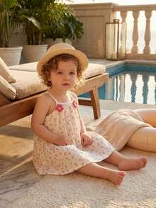 SHEIN 1件/女童春夏白色度假外出印花连衣裙，胸前饰有3D立体花朵装饰，A字裙 - 白色 - 查看 6