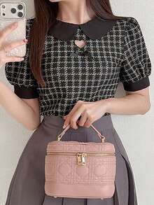 FRIFUL Women's Summer Patchwork Peter Pan Collar Short Sleeve Fitted Casual T-Shirt - Khaki - View 1