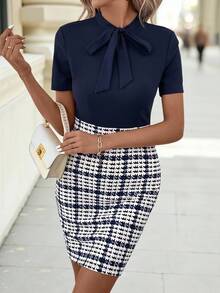 Editum Vestito elegante da donna per la primavera, l'estate e l'autunno con colletto a nodo in fiocco, disegno di abito a matita a quadri, slim-fit e aderente al corpo, blu scuro per abbigliamento insegnanti - Multicolore - Visualizzare 5