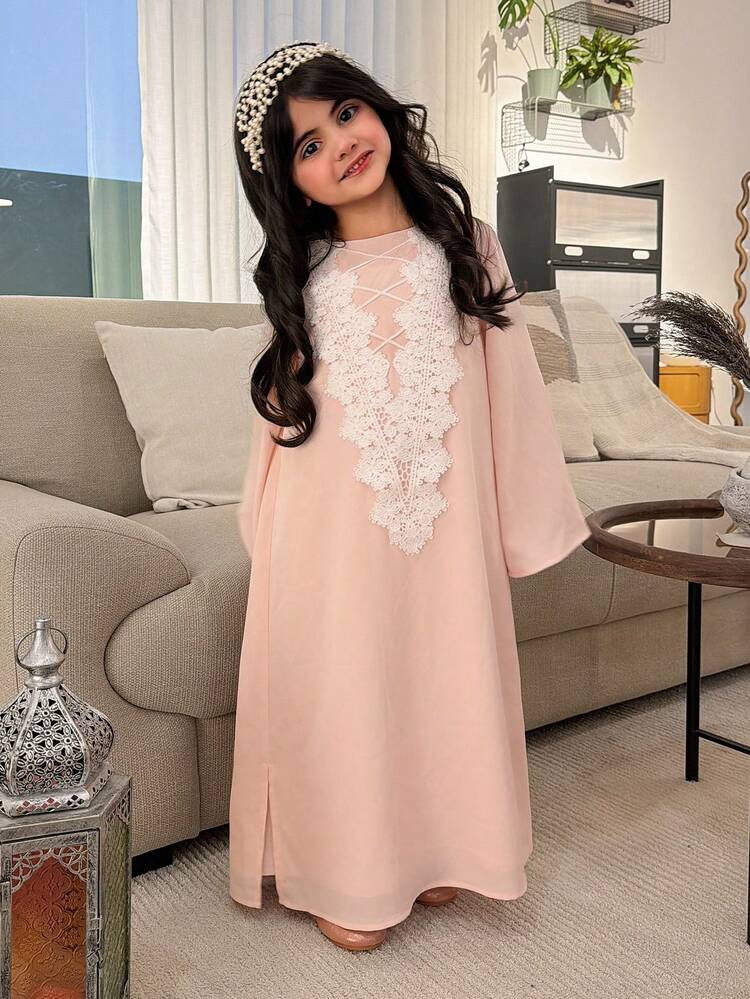 Young Girl Floral Print Loose Fit Round Neck Long Sleeve Dress