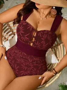 Swim Vcay Bộ đồ bơi liền thân cao cấp in họa tiết lá cọ cổ điển dành cho nữ cỡ lớn, thích hợp cho kỳ nghỉ biển hoặc nghỉ dưỡng. - Màu Đỏ Sâu - Xem 1