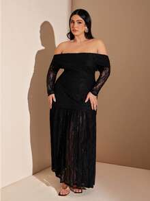 SHEIN BAE Đầm ren đen dài trễ vai cỡ lớn dành cho nữ, thích hợp cho kỳ nghỉ. - màu đen - Xem 4