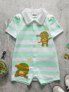 TEENAGE MUTANT NINJA TURTLES | SHEIN Bộ áo liền quần ngắn tay kẻ sọc cho bé trai, cài khuy bấm, Teen Mutant Turtles - trắng - Xem 3