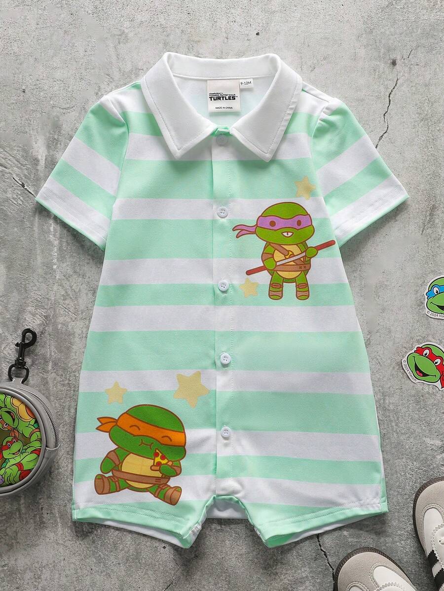 TEENAGE MUTANT NINJA TURTLES | SHEIN Bộ áo liền quần ngắn tay kẻ sọc cho bé trai, cài khuy bấm, Teen Mutant Turtles - trắng - Xem 1