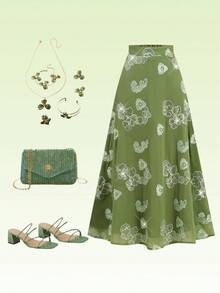 Gownix Sequin Embellished Elegant Versatile A-Line Midi Skirt  Summer Vacation Outfits Women Going Out Outfits - Olive Green - View 2