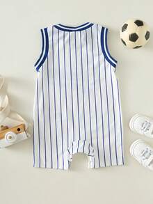 SHEIN Unisex Newborn Baby Boy/Girl Casual Cute Sports Style Sleeveless Jumpsuit, Knit Outfit Set, Spring/Summer Baby Clothes Toddler Baseball Outfit Baseball Outfit Baby Boy Baby Baseball Romper Baseball Baby Baby Baseball Outfit Boy Baby Clothes - Royal Blue - View 2