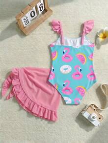 Conjunto de 2 piezas de traje de baño de una sola pieza con estampado de flamenco y donut para niña en vacaciones de playa - Multicolor - Ver 2