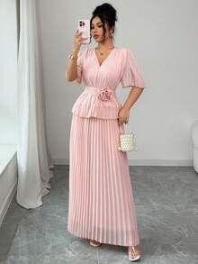 Elenzga Elegant And Sophisticated V-Neck Pleated Dress With A Three-Dimensional Floral Belt That Cinching The Waist And Creating A Slimming Effect. - Pink - View 7