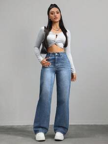 SHEIN ICON 女士带口袋阔腿宽松休闲百搭牛仔裤 - 中等水洗藍 - 查看 7