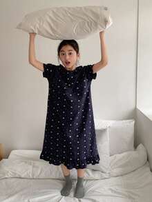 Dazy Kids Tween Girl Heart Print Ruffle Hem Nightgown Loungewear Summer - Navy Blue - View 5