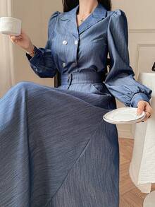 DAZY Women's Double-Breasted Long Sleeve Top And High Waist Midi Skirt Elegant 2 Pieces Set - Blue - View 4