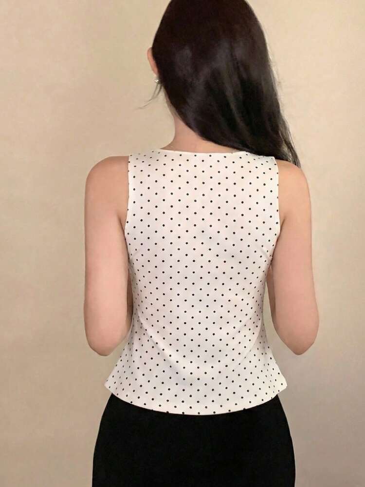 Women's Summer Polka Dot Allover Print Ruched V-Neck Sleeveless Casual Tank Top