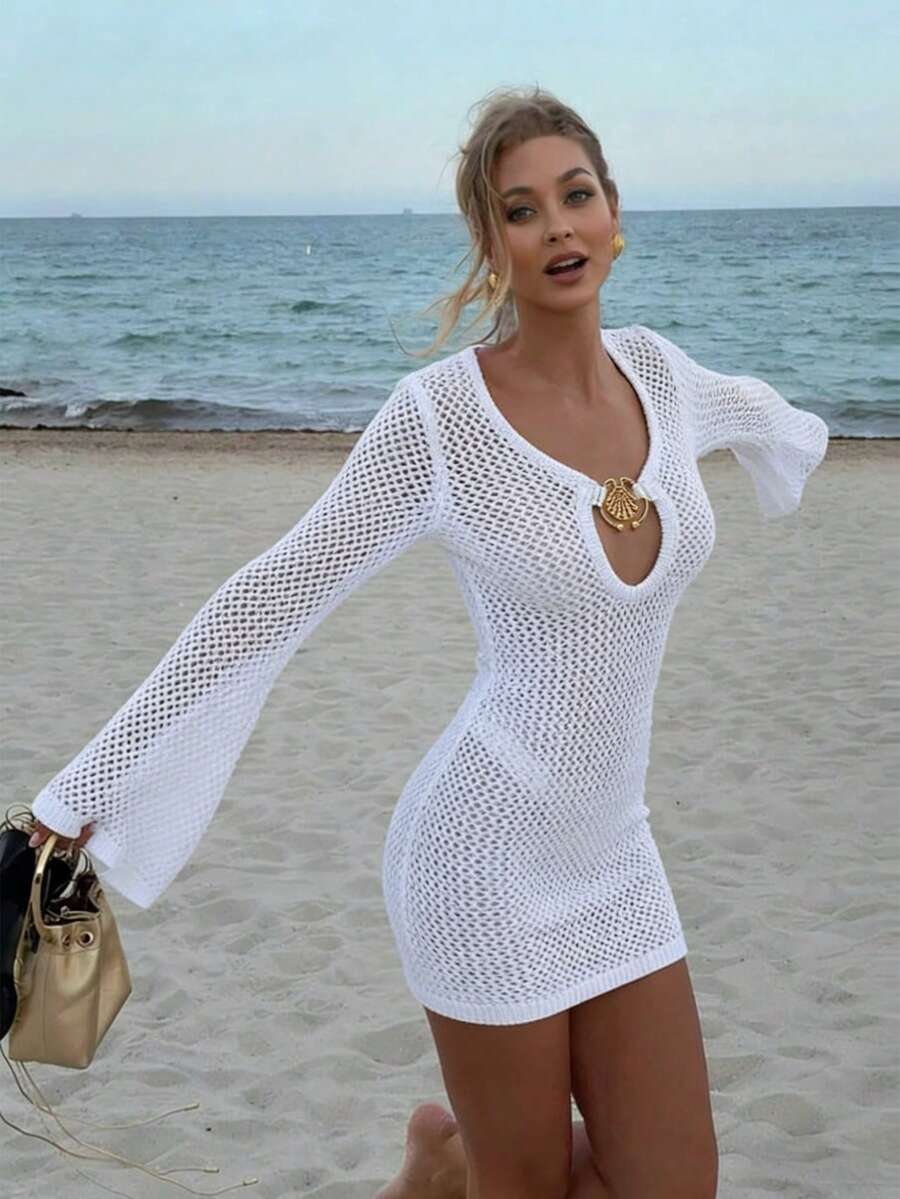 Nevyona 女士镂空针织连衣裙，休闲海滩度假装 - 白色 - 查看 1