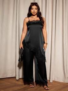 Elaquor 大码两件套，优雅缎面两件套，黑色套装，优雅西装，无袖不对称下摆吊带背心和黑色阔腿裤，领口和下摆饰有蕾丝花边，性感优雅套装 - 黑色 - 查看 7