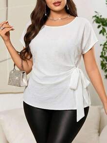 SHEIN Clasi Áo kiểu nữ cỡ lớn màu trơn cổ tròn tay cánh dơi ngắn buộc dây bên hông - trắng - Xem 1