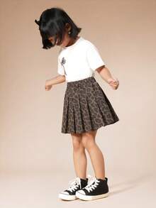 SUMWON 女童豹纹褶裥A字迷你裙，松紧腰带，休闲校园风 - 咖啡棕 - 查看 5