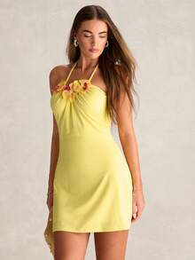 Enchnt Summer Women's Pastel Yellow 3D Floral Decor Tie-Neck Mini Dress, Holiday Girly Night Out Party Vacation Beach Cocktail Party Dress, Sweet Elegant - Light Yellow - View 4
