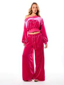 BABYPHAT Wide Leg Velour Joggers With Rhinestones Relaxed Fit Drawstring Waistband Luxurious Soft Texture Comfortable Loungewear Casual Pants - Pink - View 3