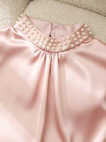 Franclia 女士珍珠镶嵌半领缎面光泽面料衬衫，优雅时尚，适合外出或通勤，蜜桃粉色露肩袖衬衫，夏季服装，女士衬衫，夏季衬衫 - 粉色 - 查看 6