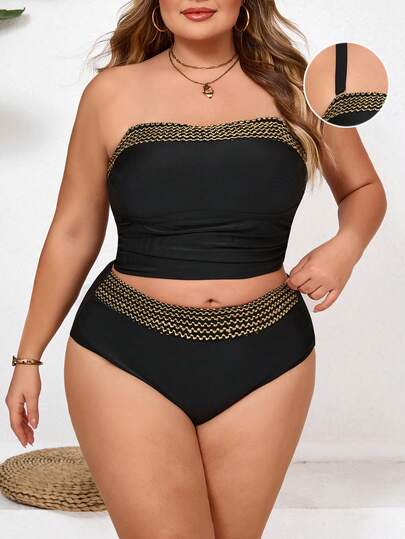 SHEIN CURVE+ Plus Size Women 2 Pieces Swimsuit, Suitable For Summer Vacation
