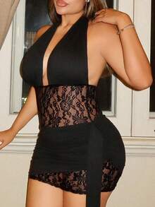 Maria Perezxox Deep V-Neck Lace Patchwork Tie-Waist Bodycon Mini Dress For Women, Spring/Summer Party ,Petite Women - Black - View 4