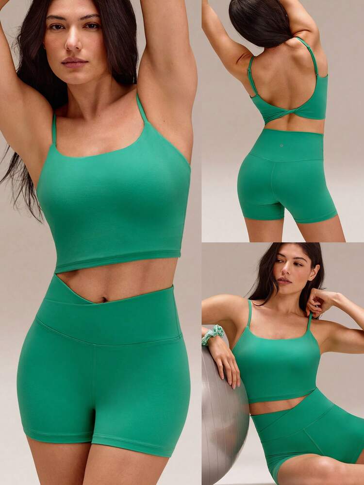 FeatherFit™ Better Together Twisted Backless Removable Cups Adjustable Straps Square Neckline Tank & 4.3" Buttery-Soft Sweat-Wicking Crossover Waist Biker Shorts Low Impact Yoga Pilates Cycling Running Gym Daily Active Wear